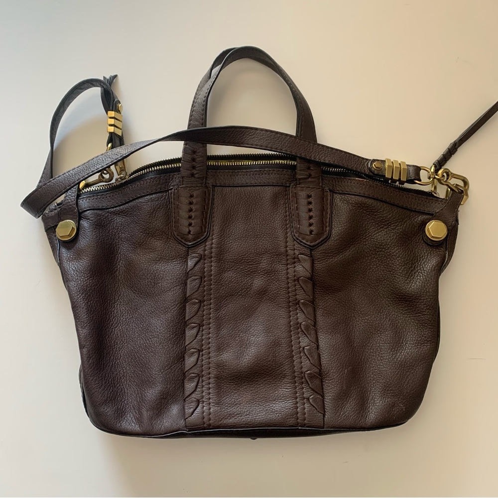 Oryany | Dark brown leather hobo slouch bag | Metal details, long strap, pockets